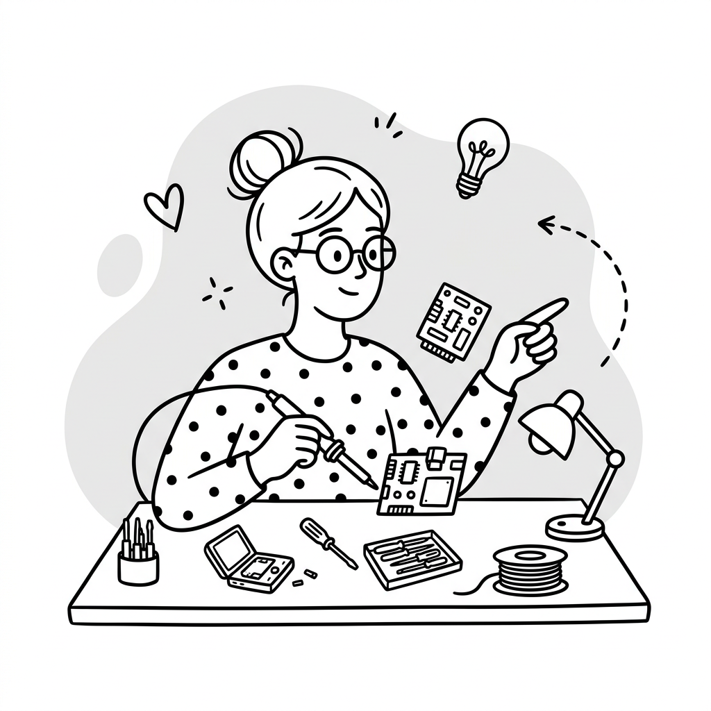 Line drawing of a tinkerer at a workbench, soldering a small circuit board and pointing at it