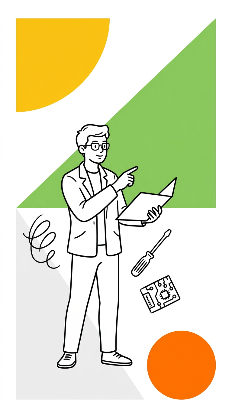 Line drawing of a person in a jacket pointing at an open folder, set against yellow, green, grey and orange shapes