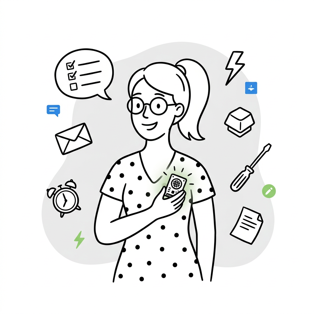 Line drawing of a smiling person holding a small gadget, surrounded by doodles of an envelope, a screwdriver and a keycap